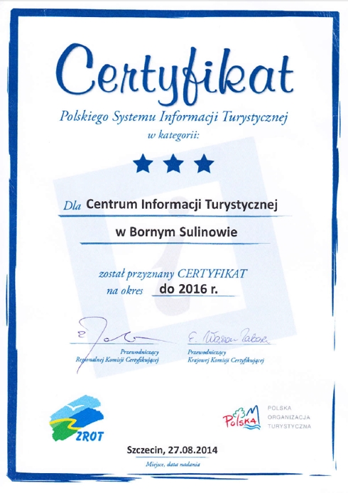 Certyfikat dla Centrum Informacji Turystycznej