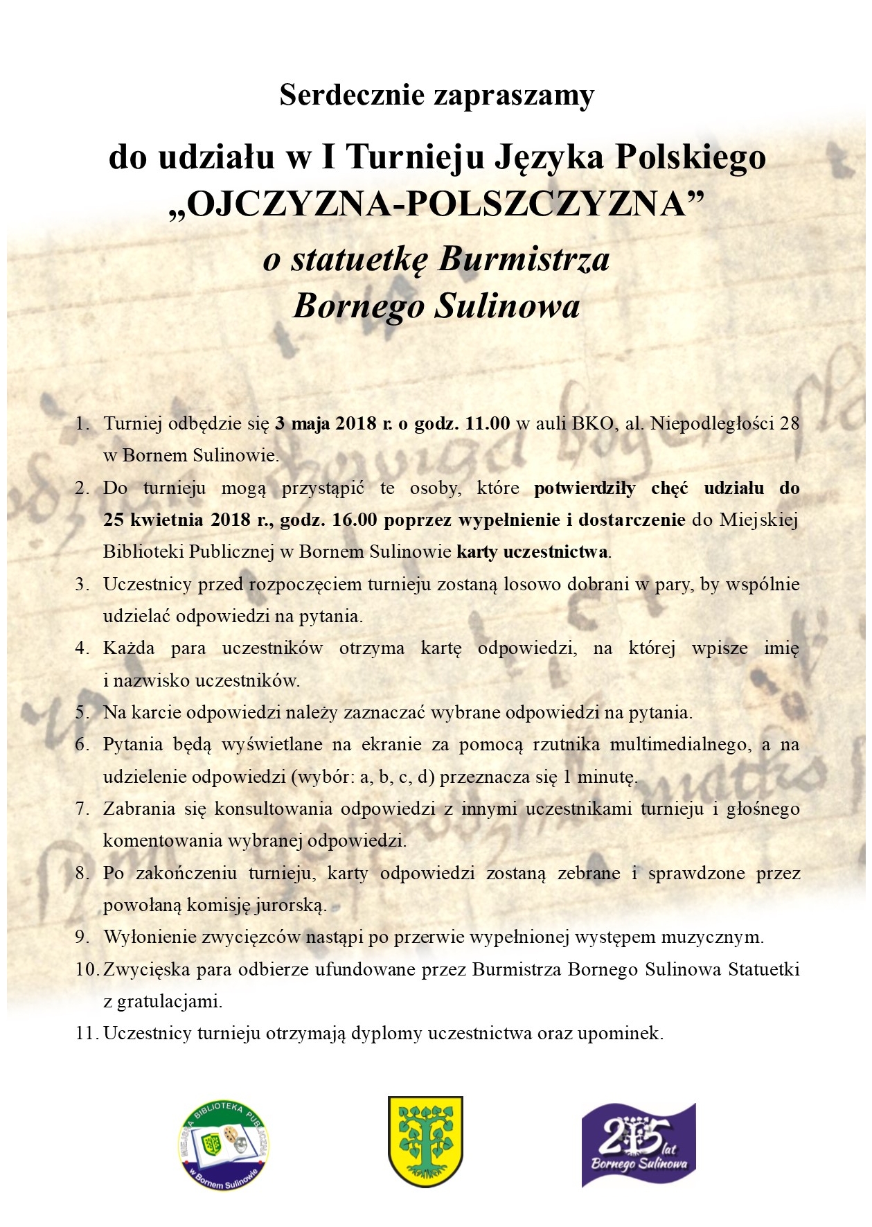 Zaproszenie na I Turniej Języka Polskiego „OJCZYZNA-POLSZCZYZNA”