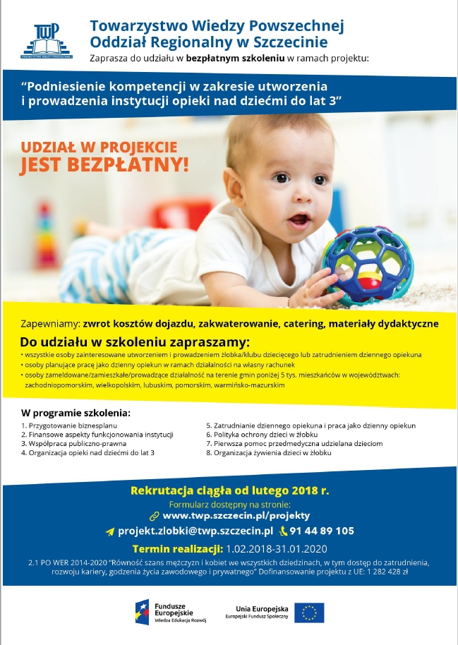 Zaproszenie na szkolenia: „Podniesienie kompetencji w zakresie utworzenia i prowadzenie instytucji opieki nad dziećmi do lat 3”