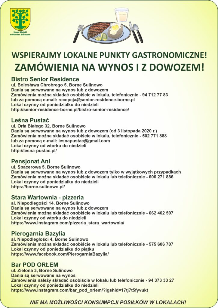 Spis lokali gastronomicznych w Bornem Sulinowie, które oferują dania na wynos i z dowozem.