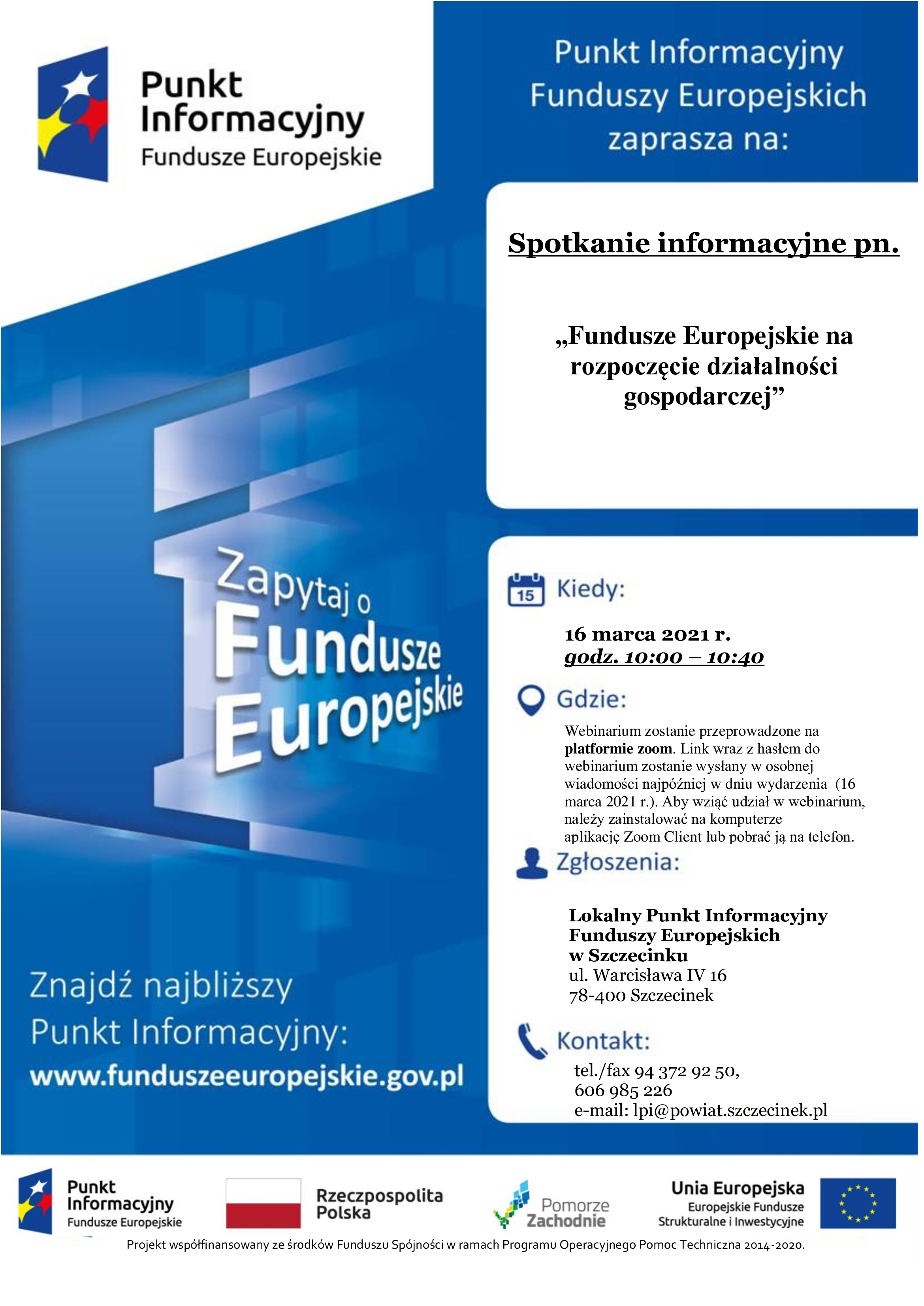 Zaproszenie do udziału w webinarium pn. „Fundusze Europejskie na rozpoczęcie działalności gospodarczej”