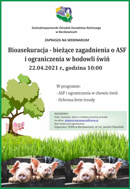 Zaproszenie na webinarium „Bioasekuracja – bieżące zagadnienia o ASF i ograniczenia w hodowli świń” Zaproszenie na webinarium „Bioasekuracja – bieżące zagadnienia o ASF i ograniczenia w hodowli świń”