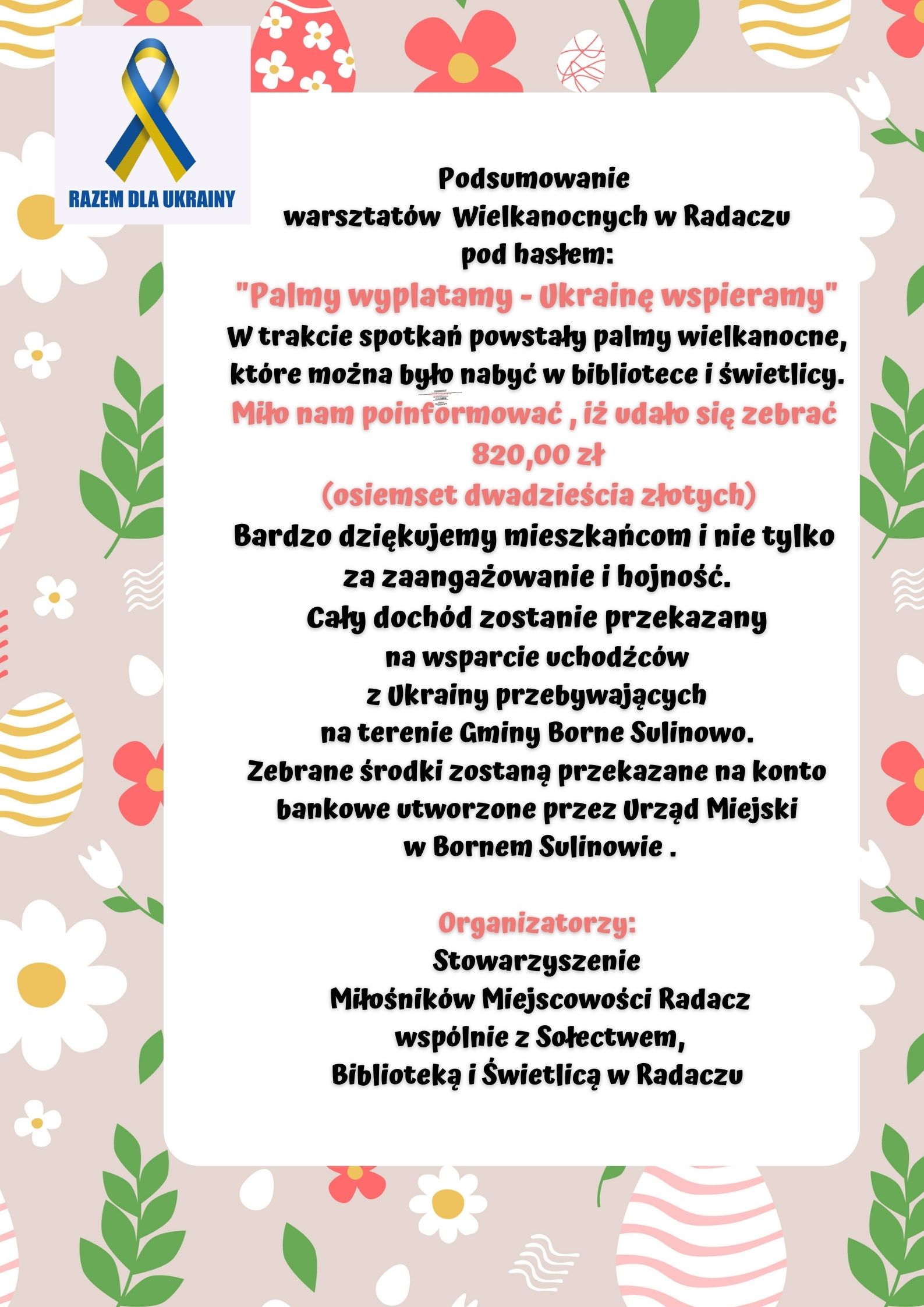 Podsumowanie warsztatów wielkanocnych w Radaczu pod hasłem: „Palmy wyplatamy – Ukrainę wspieramy”